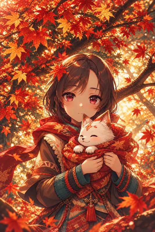 Anime girl holding a tiny white fox wrapped in a scarf beneath glowing autumn maple branches
