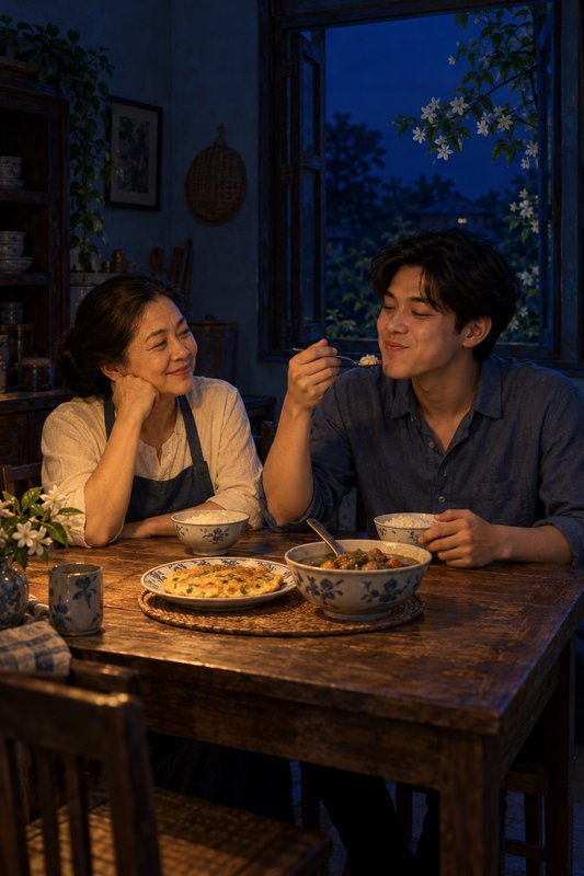 Smiling older woman watches a young man eat homemade dinner at a cozy rustic dining table at twilight