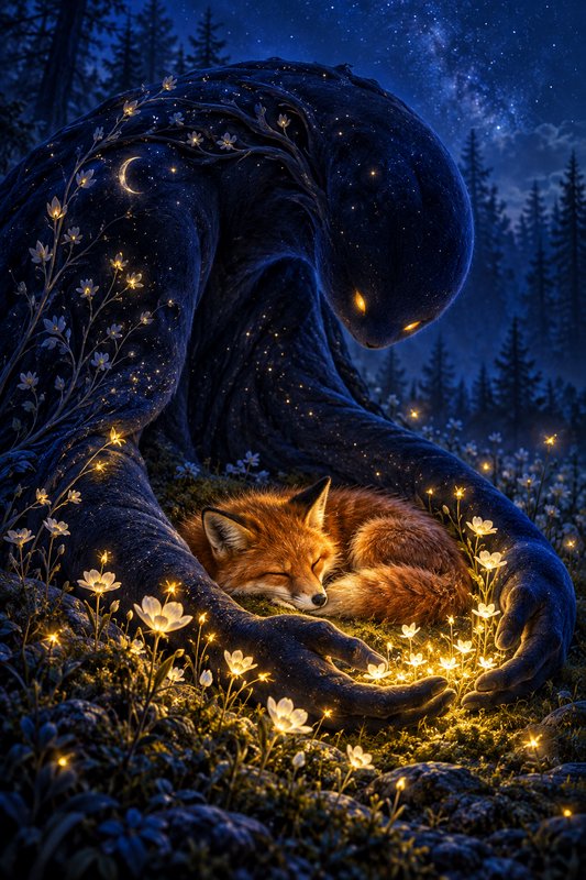Gentle ancient forest spirit shelters a sleeping red fox among glowing flowers under a starry night sky