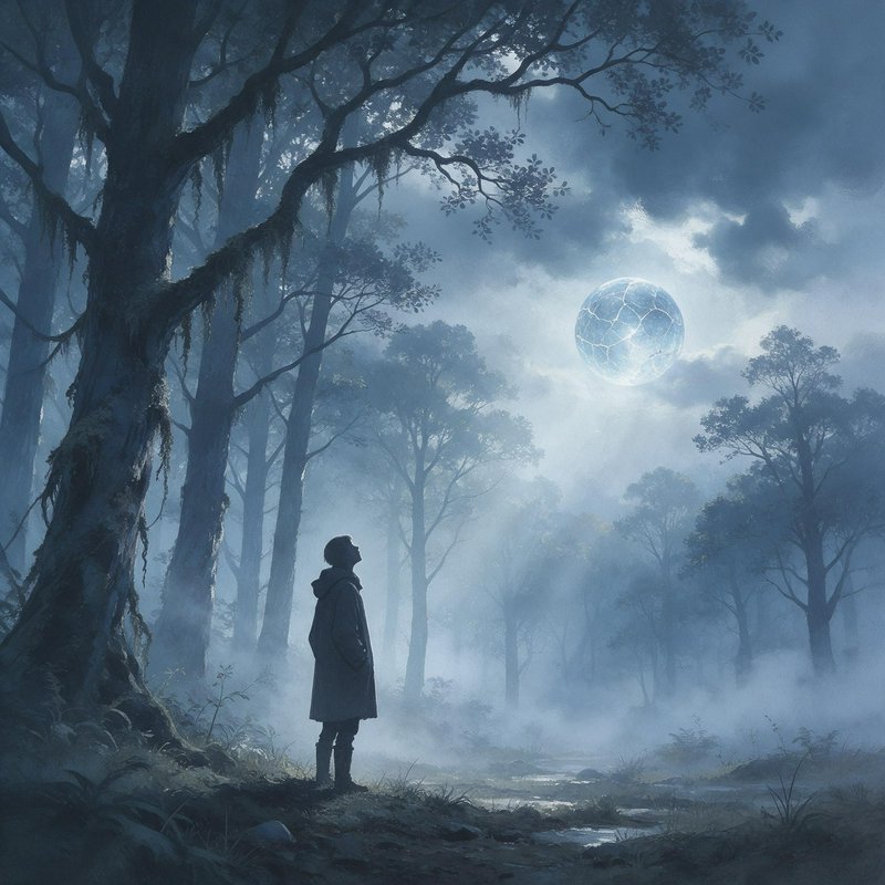 Lone hooded figure stands in a misty forest looking up at a glowing cracked celestial orb
