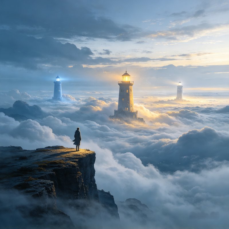 Lone cloaked figure standing on a rocky cliff edge gazing at glowing lighthouses above a sea of clouds