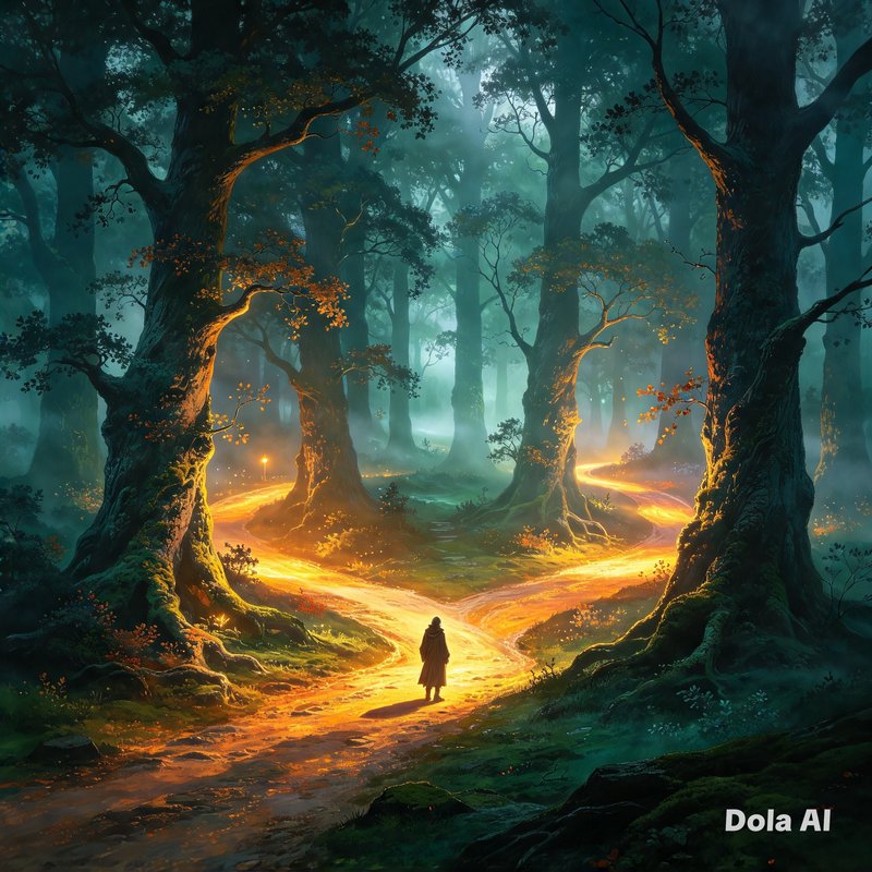 Lone hooded traveler stands at a glowing forked path winding through a misty ancient enchanted forest