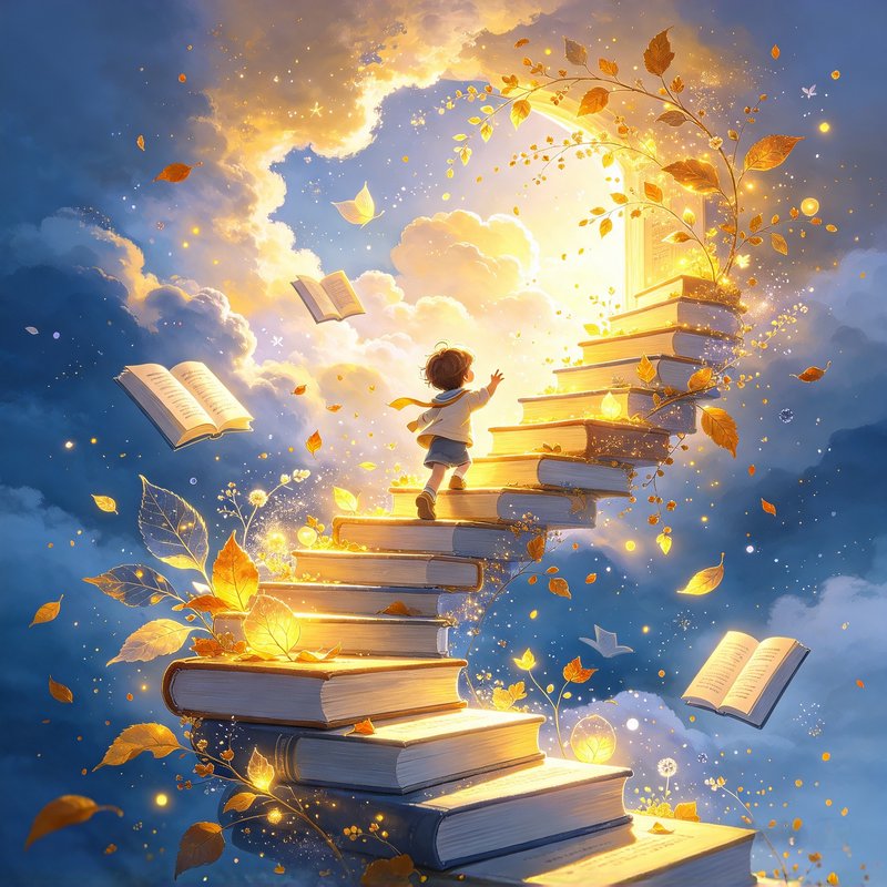 Young boy climbing a glowing staircase made of books toward a bright sky portal above soft clouds