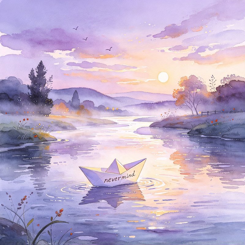 Paper boat printed with nevermind floats on a misty river under a pastel lavender sunset