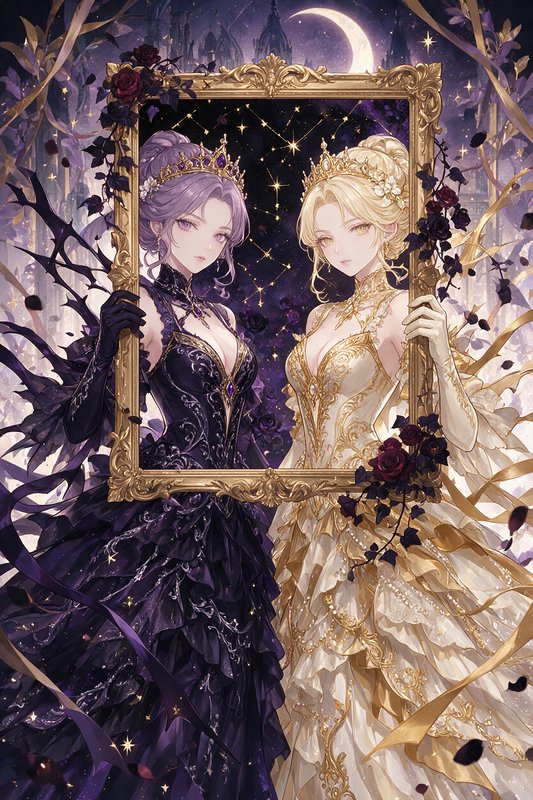 Two regal fantasy princesses hold an ornate gilded frame beneath a starry crescent night sky