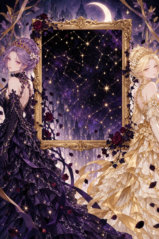 Two elegant anime princesses flank an ornate gold frame holding glowing constellations under a cr...