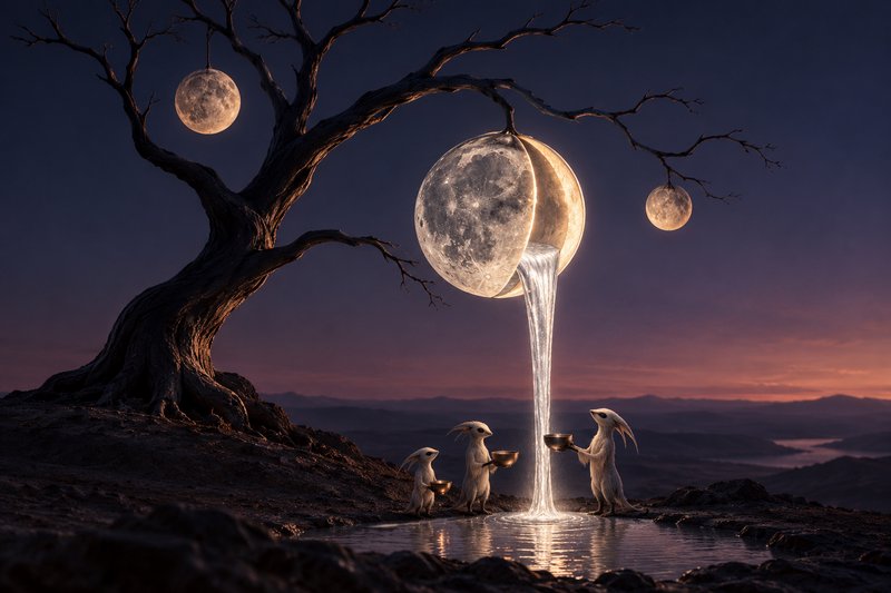 Small mythical creatures catch glowing liquid pouring from a split moon hung from a twisted twilight tree
