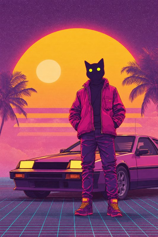 Cat-headed masked figure stands before a retro 80s sports car under a glowing synthwave sunset