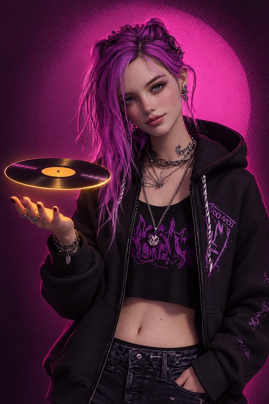 Young grunge woman with bright purple hair holding a floating glowing vinyl record above her palm