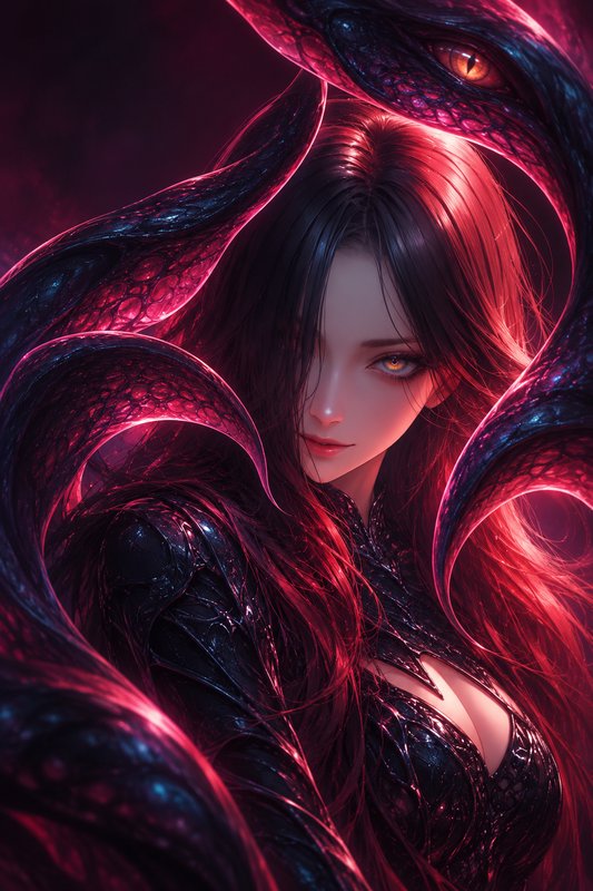 Dark fantasy woman with golden eyes framed by glowing iridescent serpent tentacles in crimson neo...