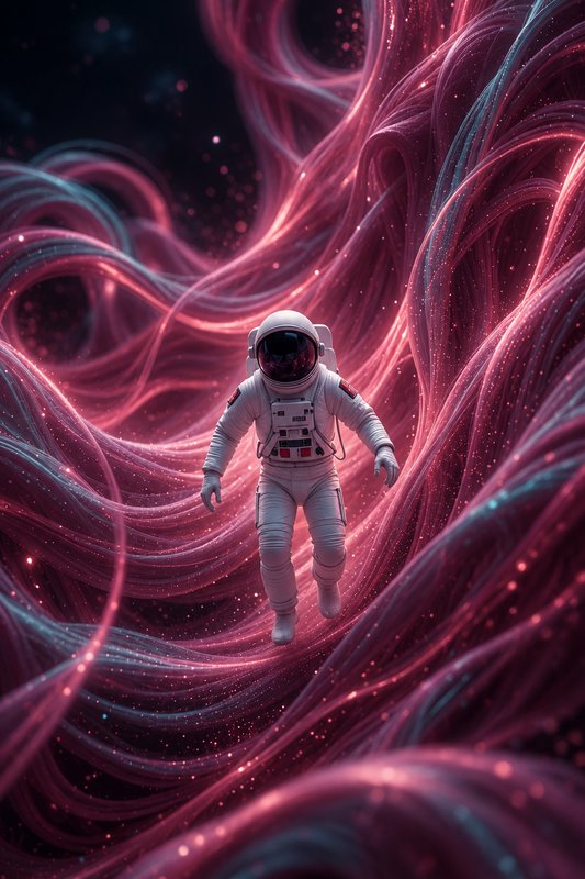 Astronaut floating weightless through swirling glowing pink and blue cosmic strands in deep space