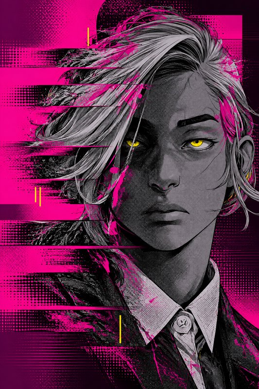 Glitch art portrait of a character with pale hair, bright yellow eyes, and horizontal neon pink distortion streaks