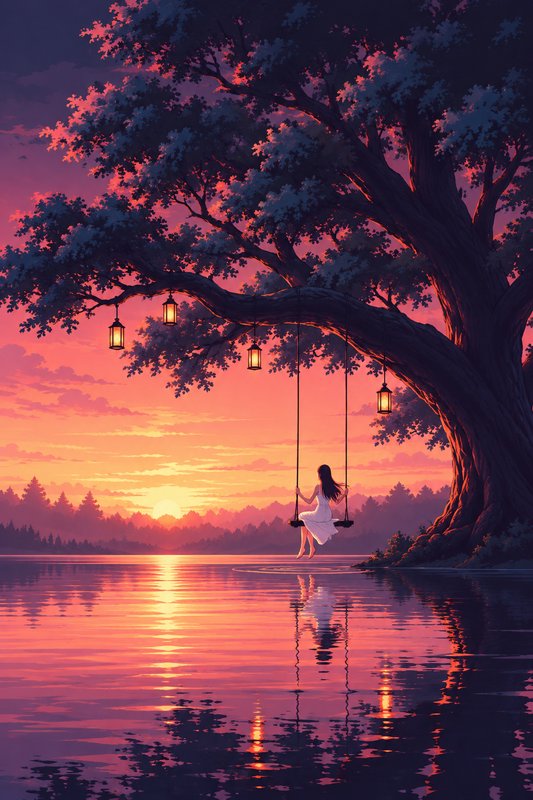 Woman in a white dress sits on a swing hanging over a calm lake at vibrant pastel sunset