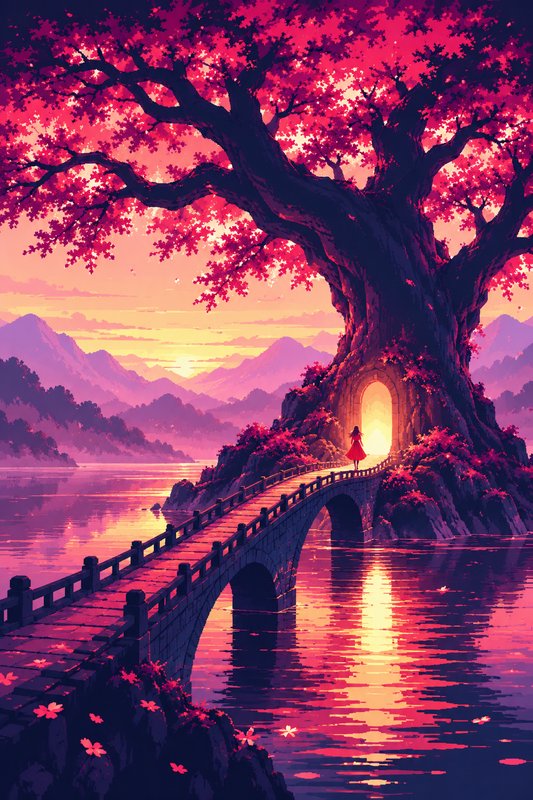Woman in a red dress stands on a stone bridge leading to a glowing portal inside a giant cherry b...