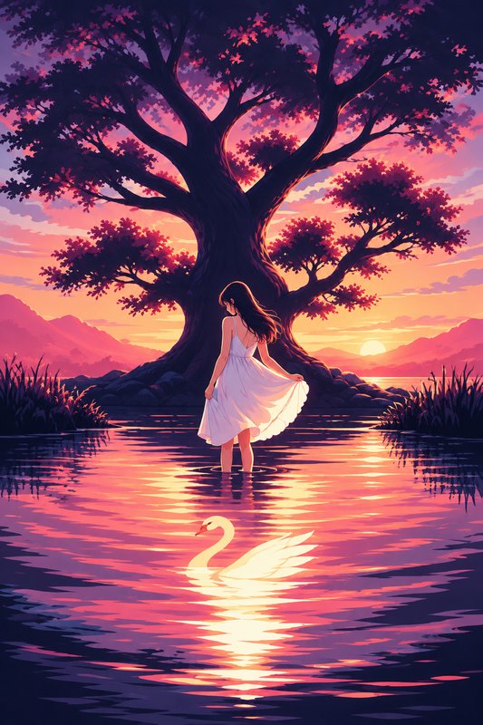 Young woman in a white dress stands in a lake beside a swan beneath a large tree at vivid sunset