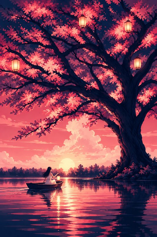 Woman in a rowboat floats on a calm lake beneath a giant blooming cherry blossom tree at pink sunset