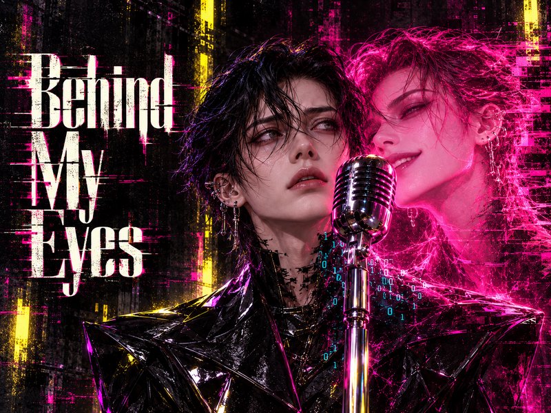 Cyberpunk musician with glowing pink spectral double beside a vintage microphone, featuring "Behi...