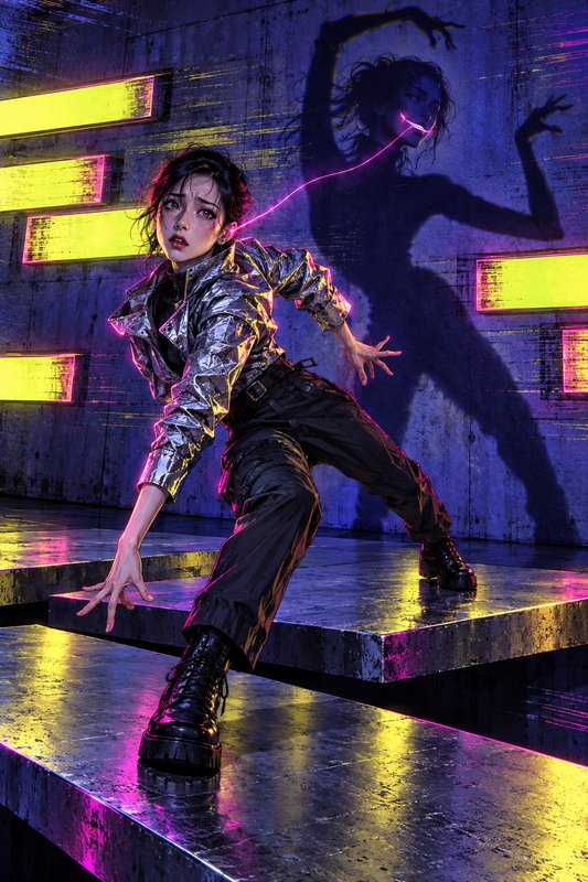 Young cyberpunk woman in dynamic pose linked by a neon line to her menacing distorted shadow on a...