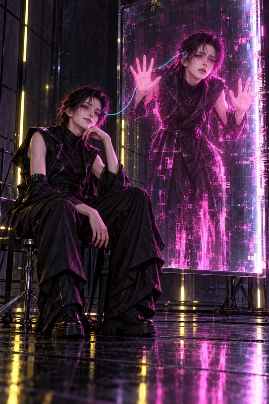 Seated cyberpunk man beside his distressed glowing pink hologram duplicate in a neon lit futurist...