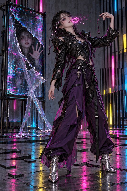Cyberpunk woman in edgy techwear stands beside a shattered glitch screen showing her trapped alte...
