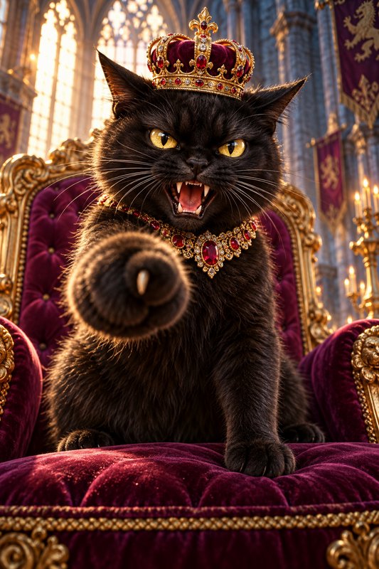 Fierce crowned black cat extends a paw while sitting on an ornate royal velvet throne