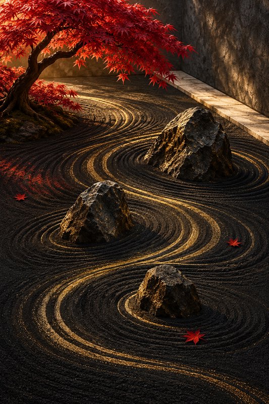 Sunlit Japanese zen garden with raked black sand, red maple tree and three stone boulders