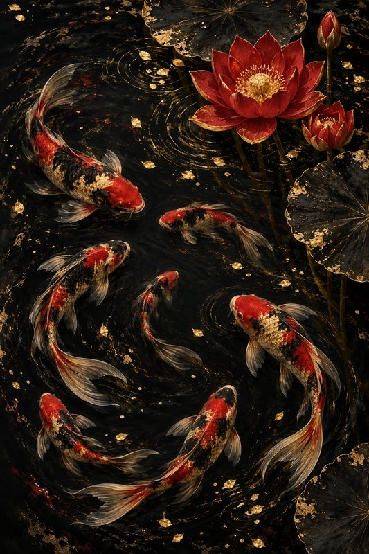 Gilded red and black koi fish swim in a dark rippled pond beside vibrant red lotus blooms
