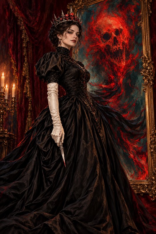 Gothic queen wearing a skull spiked crown holds a bloody dagger in an opulent baroque chamber