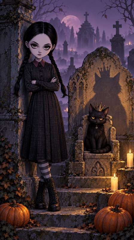 Gothic Wednesday Addams-style girl stands beside a crowned black cat on a graveyard throne under ...