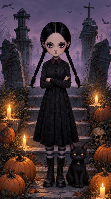 Stylized Wednesday Addams stands with a black cat on candle-lit misty graveyard Halloween steps