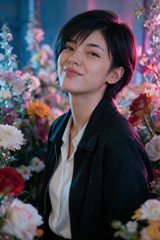 Smiling person with short dark hair sits framed by colorful blooms under moody neon studio lighting