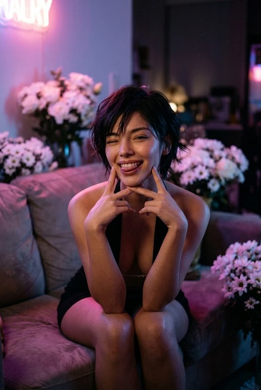 Playful young woman winks and grins while seated on a couch under soft pink neon lighting