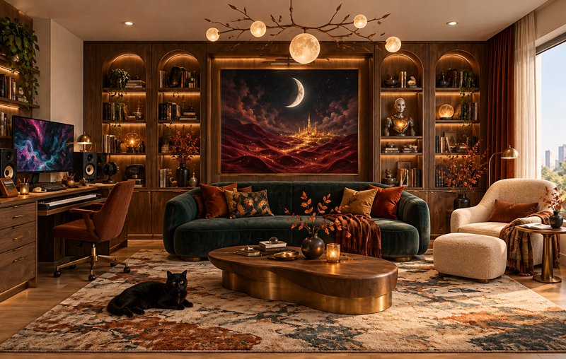 Warm eclectic maximalist living room with green velvet sofa, black cat, fantasy wall art and lit ...