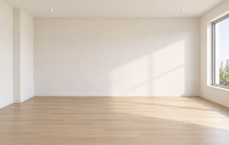 Empty sunlit unfurnished room with light hardwood floors, plain white walls and a side window