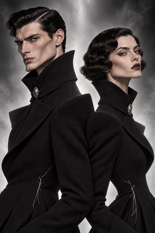 Elegant male and female models in matching structured black coats stand back to back against a sm...