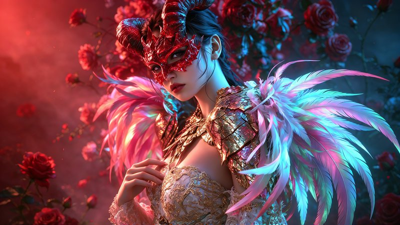 Fantasy woman with red horned masquerade mask, iridescent feather wings, standing amid red roses