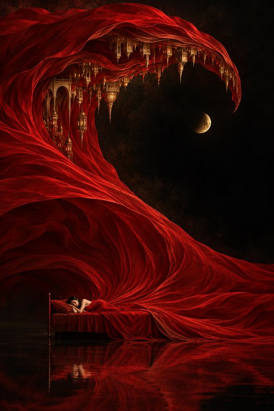 Sleeping woman rests on a red bed as flowing crimson fabric forms a floating fantasy palace under...
