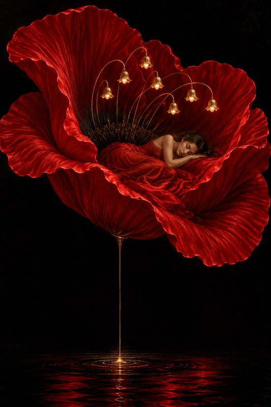 Woman in a flowing red gown sleeps curled inside a giant crimson poppy above dark reflective water
