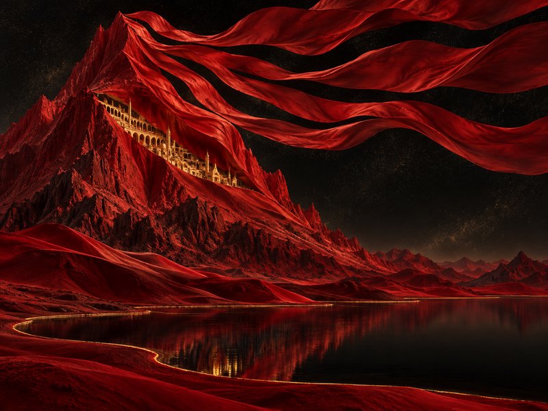 Surreal fantasy landscape of draped red silk mountains holding a golden cliffside palace under a ...