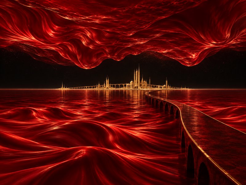 Curved stone bridge leads to an ornate golden spired city surrounded by swirling glowing red seas...