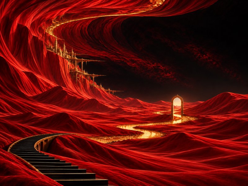 Surreal flowing red velvet fantasy landscape with golden palace, glowing archway and winding stairs