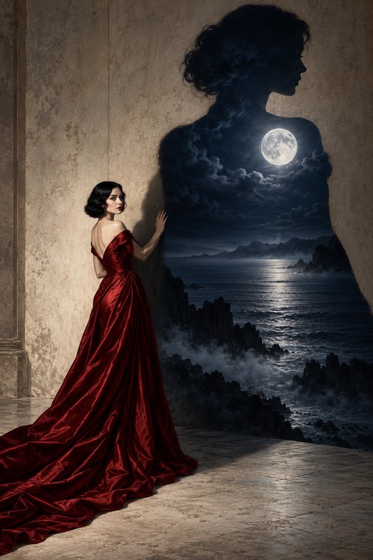 Woman in a red gown casts a silhouette shadow containing a full moon coastal night landscape