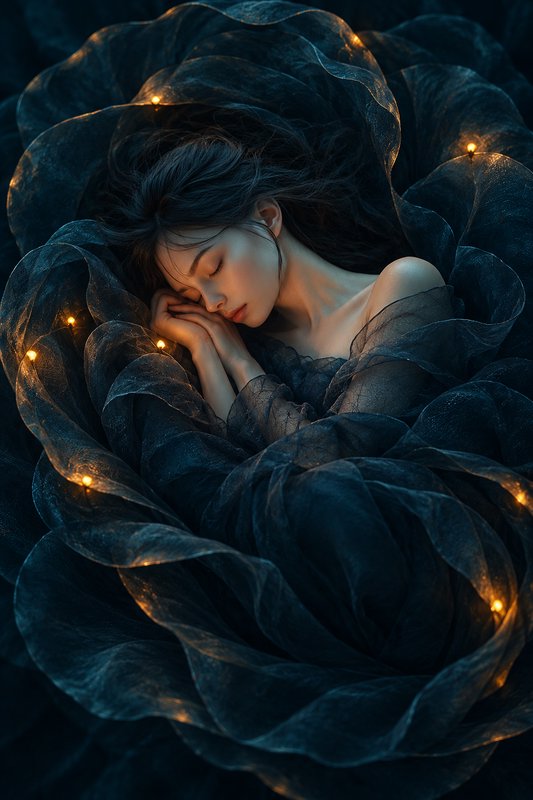 Serene sleeping woman curled in swirling dark tulle surrounded by glowing warm fairy lights