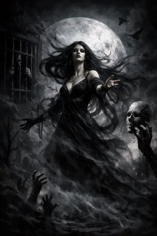 Gothic necromancer sorceress summoning undead beneath a glowing full moon on a misty haunted night