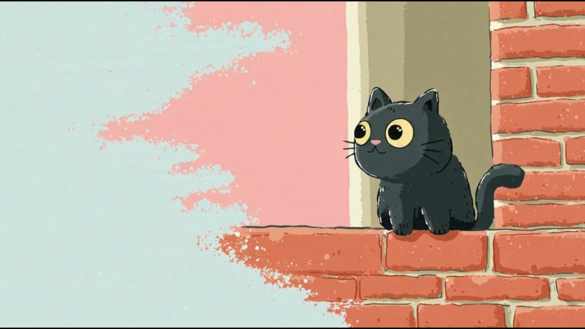 Cute dark gray cat with large yellow eyes perched on a red brick ledge beside a pastel wall.