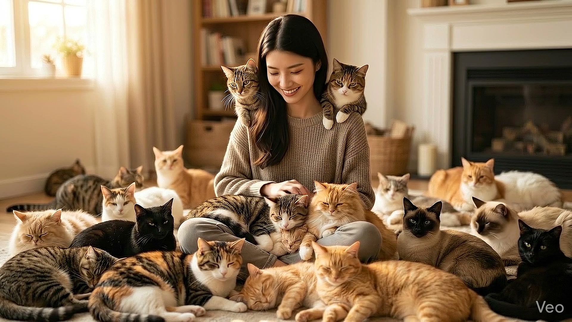 Woman surrounded by cuddling cats in a cozy living room.