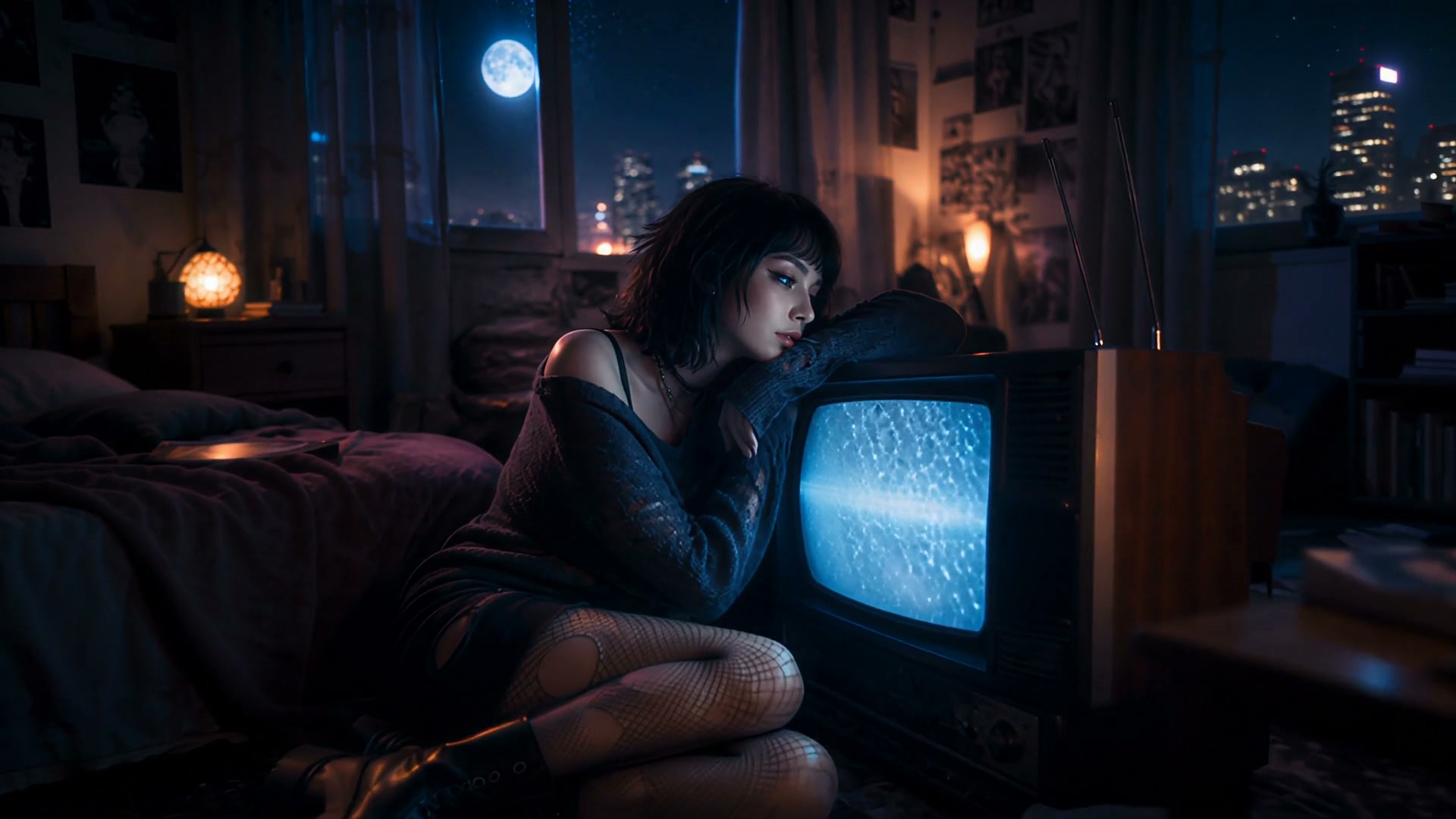 Girl leaning on a vintage TV in a moonlit bedroom with city lights outside.