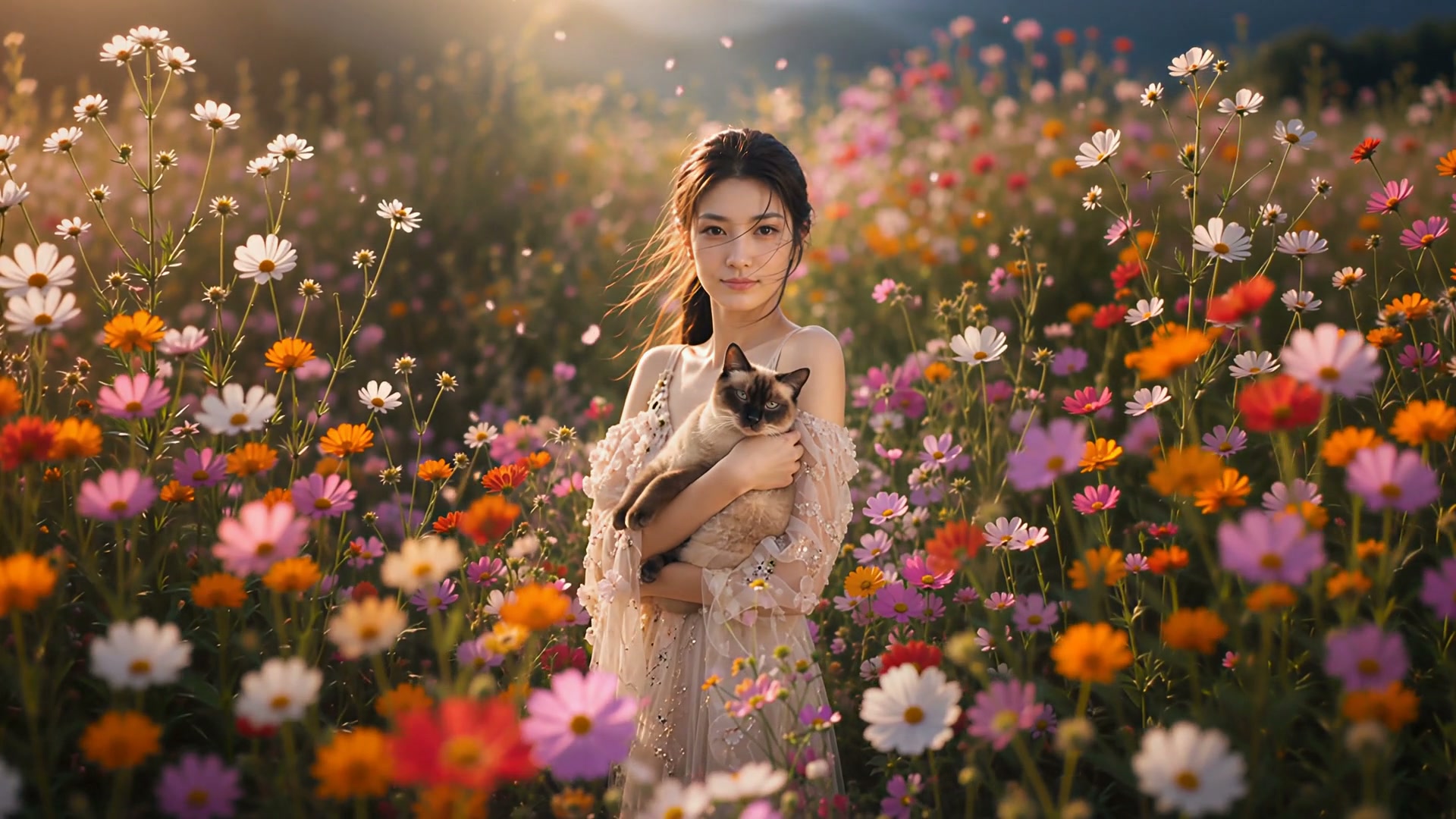 Young woman in a field of colorful flowers holding a Siamese cat at sunset