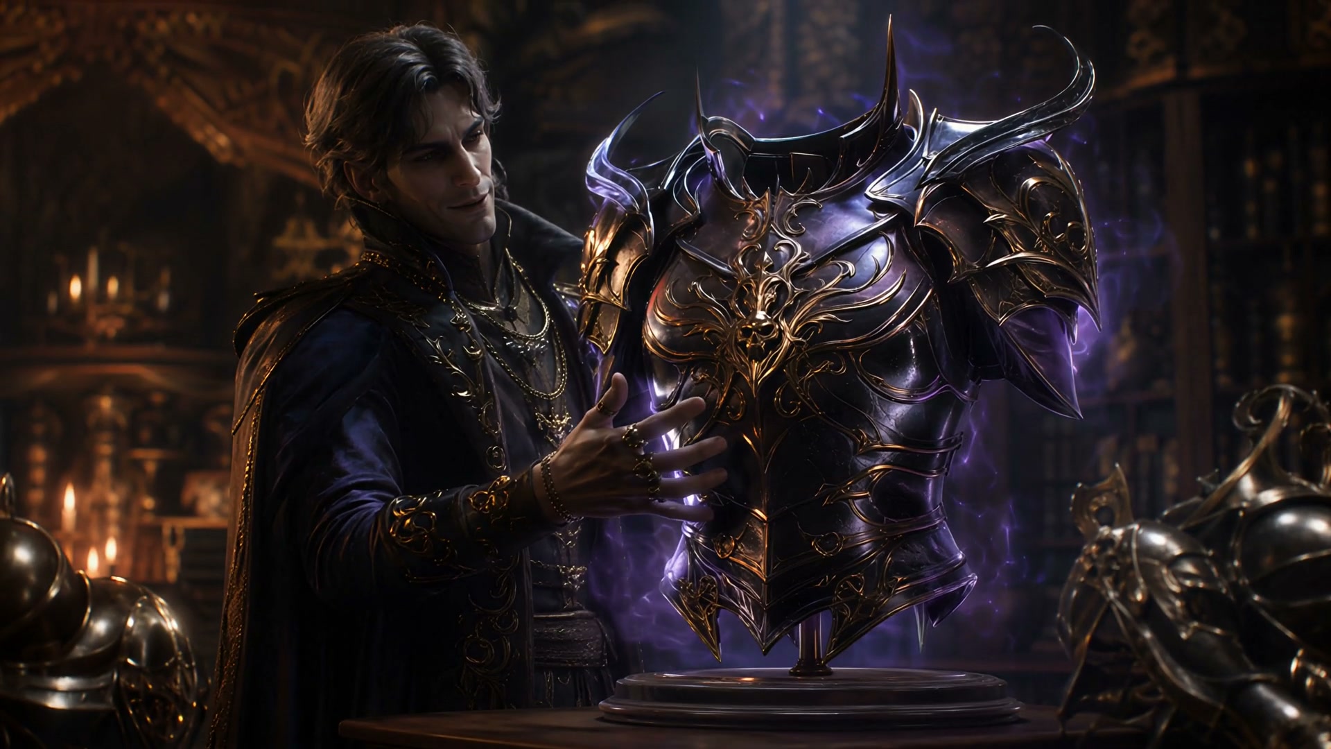 Dark fantasy noble mage examines an enchanted, purple-glowing ornate spiked armor displayed in a ...