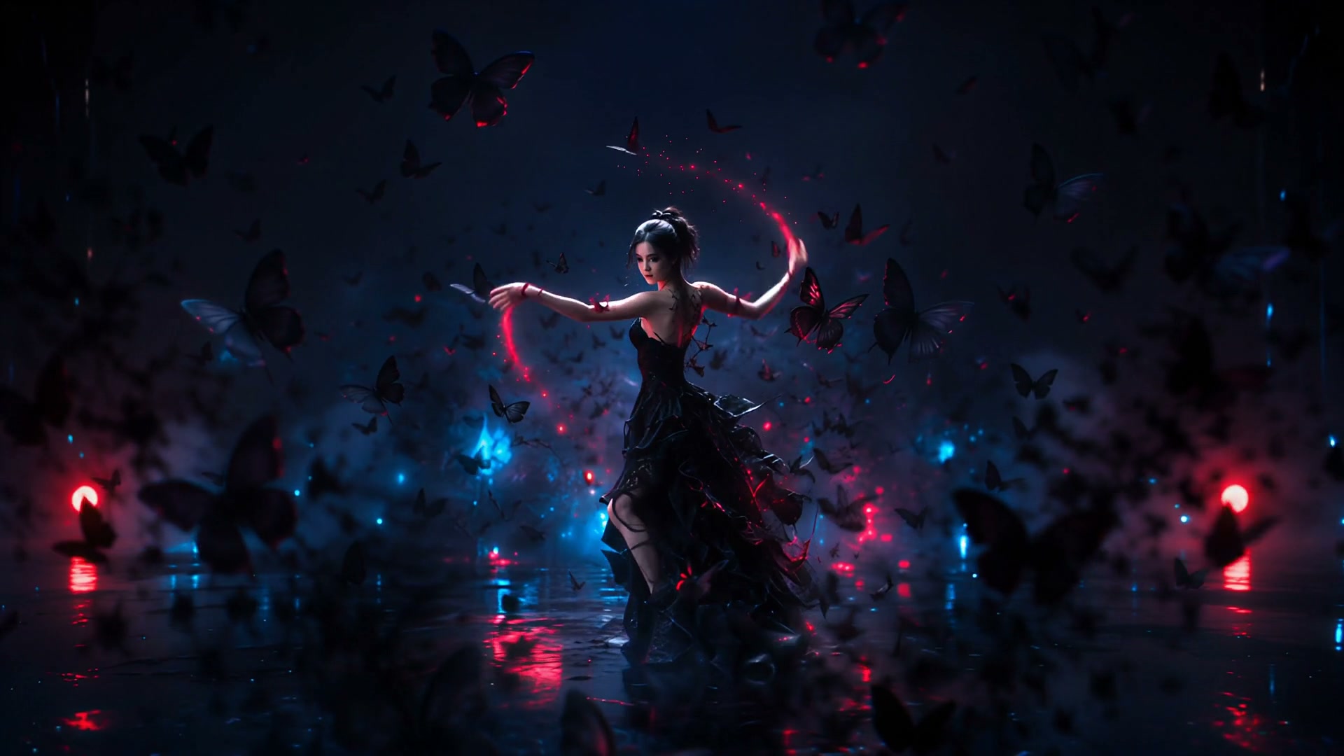 Mystical female fantasy dancer in a black gothic gown conjures red magic surrounded by swarms of ...